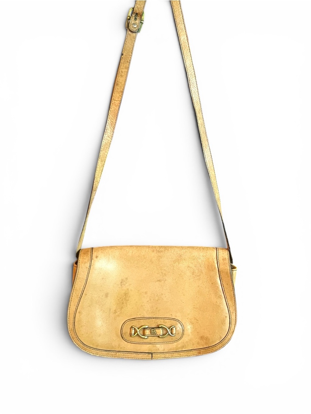 Bally Vintage Leather Crossbody Saddle Bag Tan Gold Hardware Made in Italy